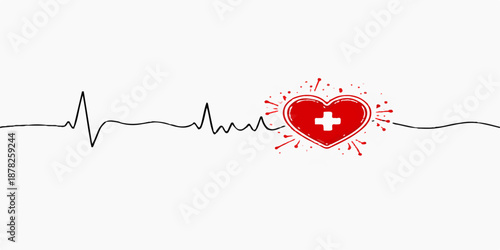 A vibrant red heart with a heartbeat symbol represents a passionate love for travel and world tourism in this vector illustration sticker design for people with a hobby of visiting every country