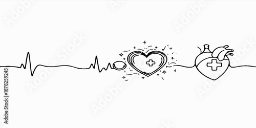 Vintage floral vector design featuring a black heart with a heartbeat symbol inside an ornate scroll frame with decorative flower swirl elements and art silhouette borders