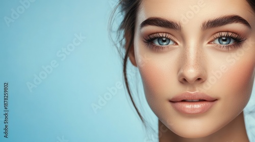 Glamorous Woman with Soft Makeup and Blue Eyes on Light Blue Background