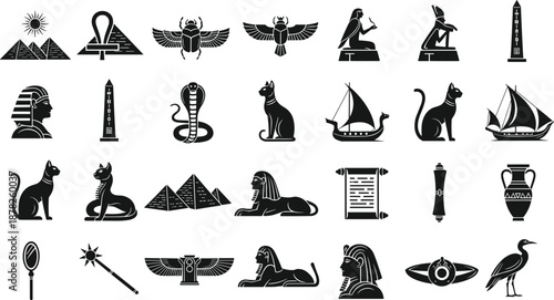 Ancient Egyptian culture icons, flat vector silhouette set, black symbolic artifacts, pharaoh, pyramid, cat, scarab, deity, scroll, cobra