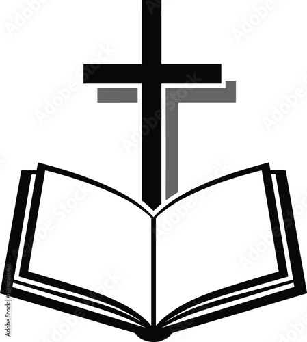 Christian cross above Bible, flat vector religious symbol, black and white faith icon, scripture, worship, holy book, spiritual illustration