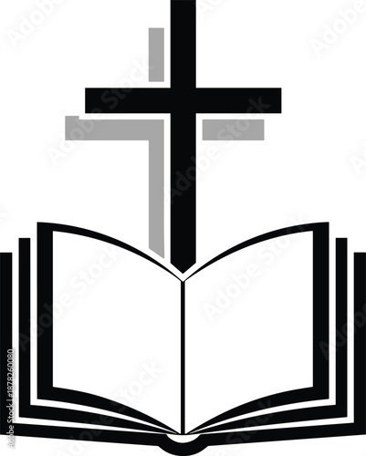 Christian cross above Bible, flat vector religious icon, black and white faith symbol, scripture, worship, spirituality, holy book illustration