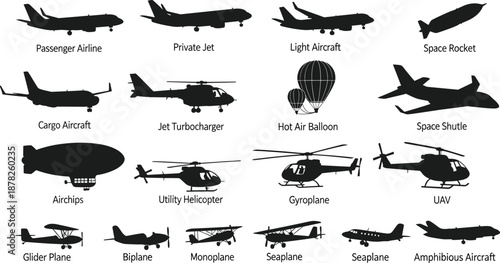 Aircraft type silhouette grid, flat vector aviation icons, black and white flying vehicles, jet, rocket, balloon, helicopter, shuttle