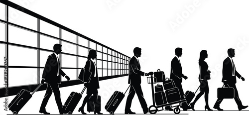 Business travelers walking in airport terminal with luggage silhouettes corporate travel commuting people black vector illustration design concept