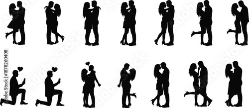Collection of black romantic couple silhouettes, featuring marriage proposals, hugging, and intimate moments, isolated vector icons for wedding, love, and relationship concepts.
