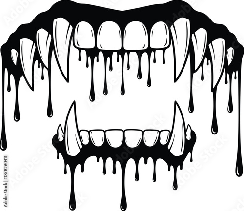 Dripping vampire mouth with sharp fangs scary horror Halloween monster teeth black and white vector illustration design gothic tattoo art
