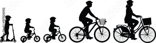 Collection of black silhouettes featuring people riding bicycles and a scooter, including children on bikes and adults cycling, isolated vector icons for transportation.