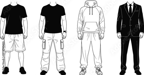 Men fashion outfit vector illustration casual streetwear cargo pants hoodie tracksuit and formal suit clothing silhouettes set