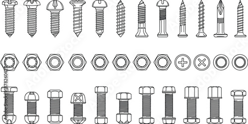 Collection of industrial hardware icons, including various metal screws, bolts, nuts, and fasteners, isolated line art illustrations for construction, engineering, and DIY repair projects.