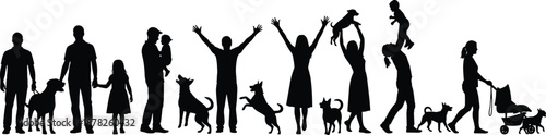 Large collection of black family silhouettes with pets, featuring parents, children, and dogs in various active poses, isolated vector icons for lifestyle and community.