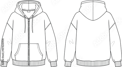 Men hoodie jacket technical fashion sketch front and back view zip up sweatshirt casual outerwear apparel illustration
