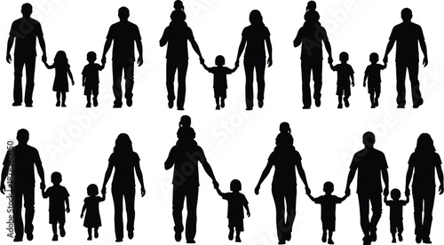 Large collection of black family silhouettes, including parents walking with children and toddlers, isolated vector icons for community, parenting, and togetherness concepts.