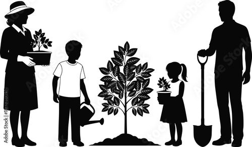 Black family silhouette gardening together, featuring parents and children planting a tree with shovel and watering can, isolated vector icon for environment concepts.