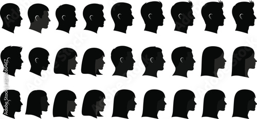 Large collection of male and female head profile silhouettes, featuring various hairstyles and avatars, isolated vector icons for social media, identity, and diversity.
