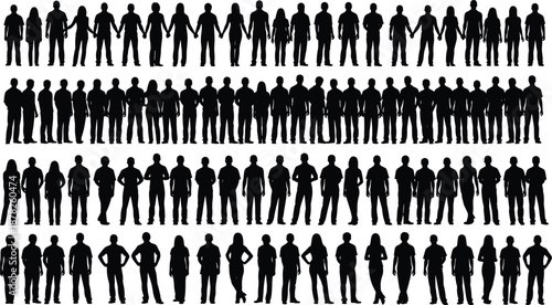 Large collection of diverse people silhouettes, featuring men and women standing in rows and holding hands, isolated vector icons for community and unity.