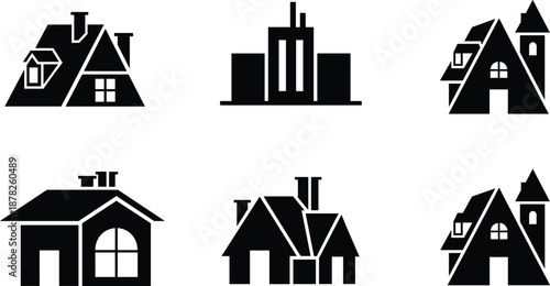 Set of black house silhouettes and building icons, featuring cottage designs, modern apartments, and residential real estate illustrations for architecture and construction branding.