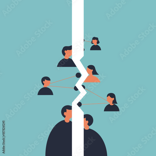 Broken connection between people, social network split concept