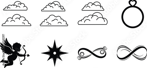 Decorative symbol icon set including clouds cupid infinity star ring love elements isolated black outline vector illustration collection
