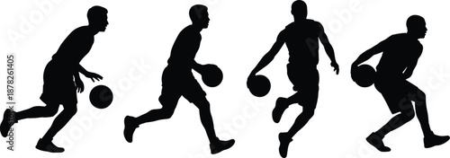 Black basketball player silhouettes set showing athlete dribbling ball in various action poses and motion isolated on white background for sports graphic design
