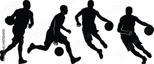 Black basketball player silhouettes set featuring athletic men dribbling balls in various action poses and motion isolated on white background for sports graphic design