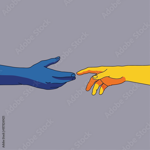 Two hands reaching, blue and yellow, touching fingers, concept of connection, creation, unity
