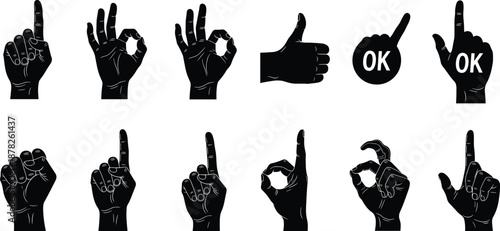 Hand gesture icon set silhouette illustration showing ok sign pointing finger thumbs up isolated vector collection for communication symbols design