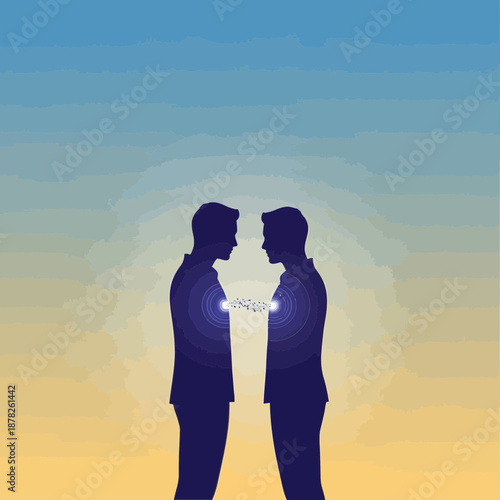Two men silhouettes connect with energy, representing connection, communication, and relationships.