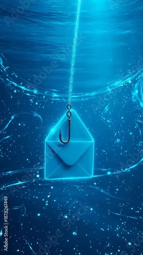 Digital phishing hook catches glowing blue email envelope underwater with glowing lines