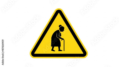 Elderly person crossing warning sign icon, senior citizen safety symbol.