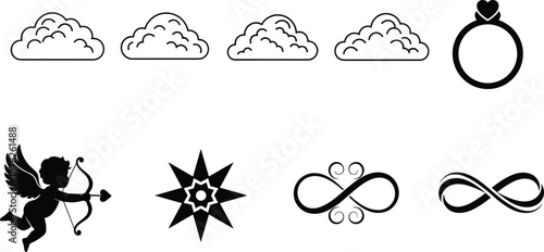 Minimal outline symbol icon set featuring clouds cupid infinity star ring love elements isolated black vector illustration collection