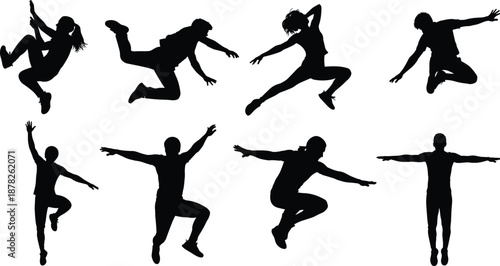 Black parkour silhouettes set, jumping people, urban athletes performing stunts, active lifestyle, extreme sports, isolated on white background, street workout poses.