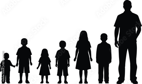 Black silhouette collection of children and an adult standing in a row from shortest to tallest isolated on white background.