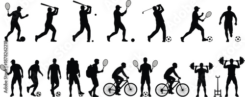 Black silhouette collection of people playing sports including tennis, soccer, golf, baseball, cycling, hiking, and weightlifting isolated on white background.