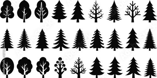 Black silhouette collection of pine trees fir spruce and deciduous forest plants isolated on white background for landscape design nature park and architectural vector illustration