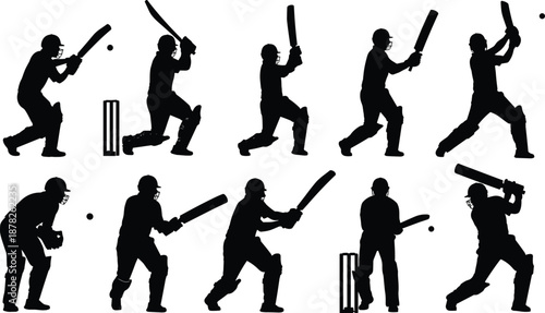 Black silhouette collection of professional cricket players performing various batting shots, strokes, and stances, isolated on a clean white background, illustration.