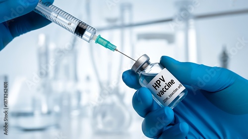 Hand in blue glove drawing HPV vaccine from vial into syringe