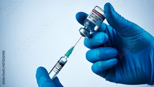 Hand in blue glove filling syringe with HPV vaccine from vial