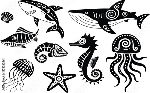 Set of diverse sea life silhouettes including shark whale seahorse starfish and jellyfish black vector illustration