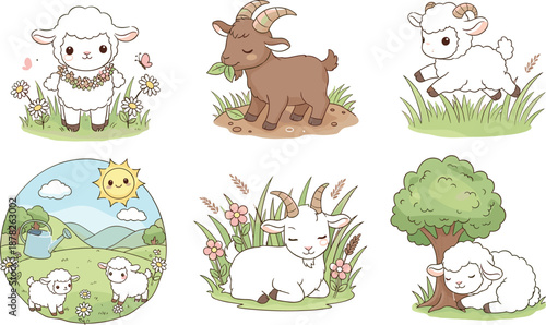 Cute sheep and goat cartoon illustration set with farm animals flowers meadow scenes isolated on white background vector design