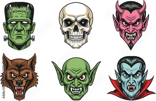 Horror monster face illustration set featuring zombie skull demon vampire werewolf goblin isolated on white background colorful vector art collection