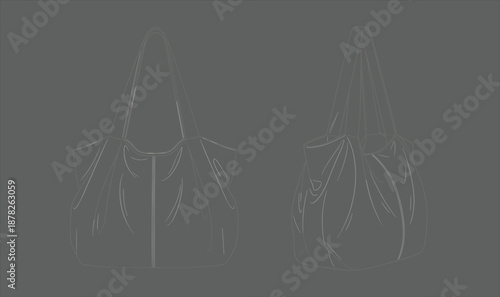 Minimal line art tote bag illustration front and side views isolated on dark background modern fashion accessory vector design