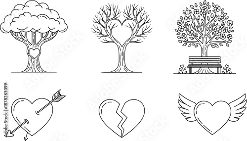 Romantic love tree and heart symbol line art set with nature emotions isolated on white background vector illustration collection design