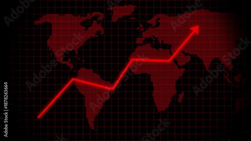 A global business growth concept illustration showing an upward-trending market graph with an arrow over a world map.Represents international trade,global economy, financial growth, market expansion,
