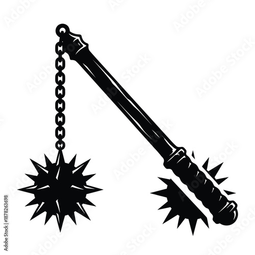 Black flail weapon with spiked ball on chain breaking apart