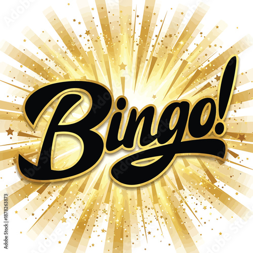 Golden bingo text with sparkles and rays