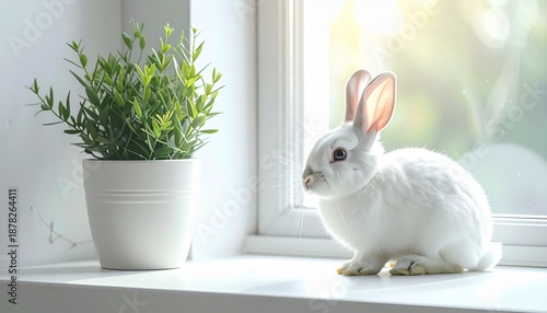 Fluffy white rabbit with pink ears sits indoors near a window with a green potted plant, bathed in soft daylight.