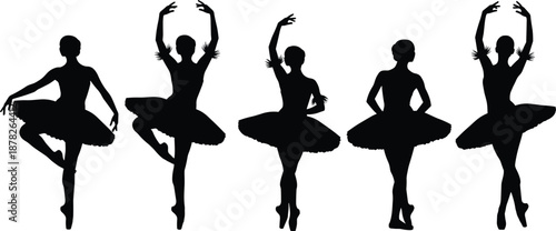 Black silhouette of graceful ballerinas performing classical ballet poses in tutus isolated on white background for dance studio graphic design.