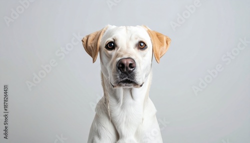 Friendly white dog with brown ears looking directly at camera, studio shot