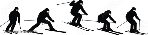 Black silhouette of professional skiers performing dynamic turns and downhill maneuvers on white background for winter sports graphic design elements.