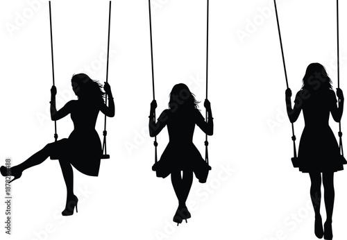 Black silhouette set of elegant women sitting and swinging on rope swings, wearing summer dresses and heels, peaceful outdoor recreation